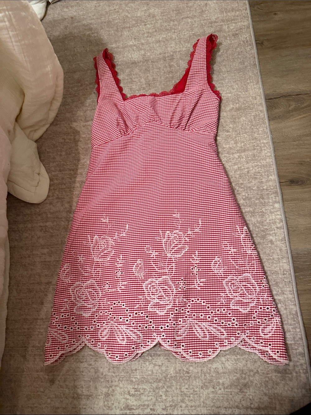 Altar'd State Red Gingham Lace-Trim Embroidered Chemise